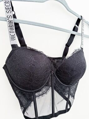 Victoria’s Secret Rhinestone Strap Lace Bustier Set Black 34D + Thong NWT